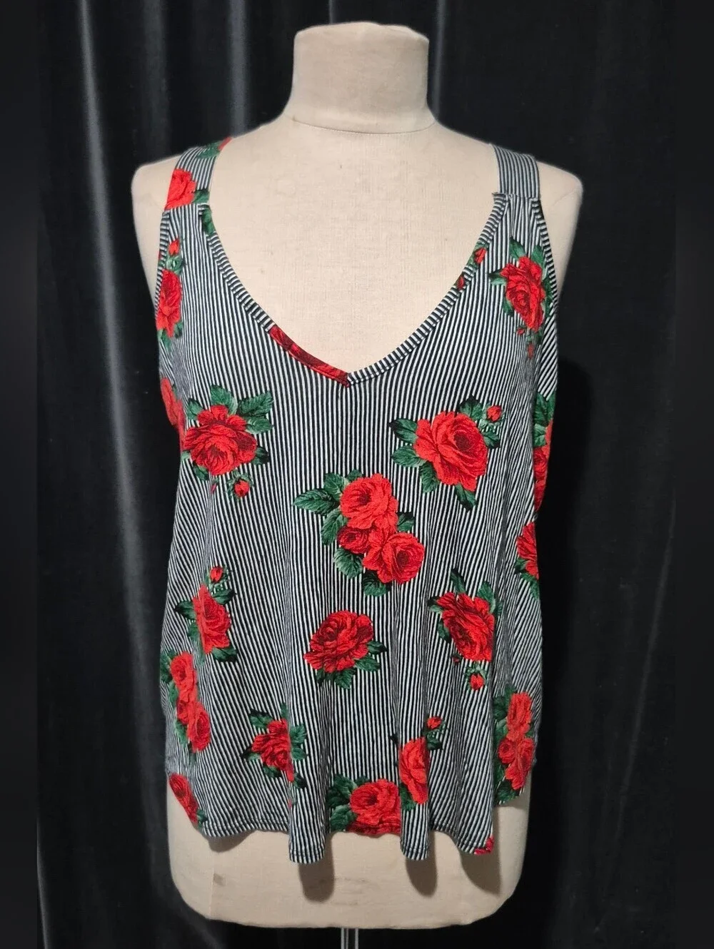 Floral Stripe V-Neck Tank Top - Red